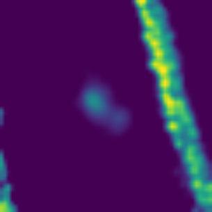 An artifact: a bright diagonal streak crossing the frame, with a faint real galaxy near the centre