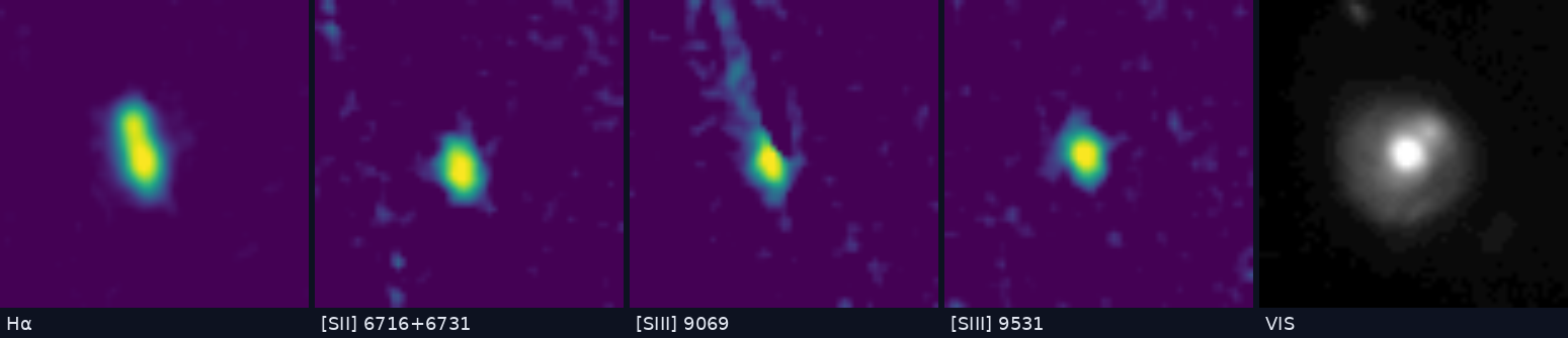 The same galaxy shown in Hα, [SII], [SIII] 9069, [SIII] 9531 and the VIS starlight image — emission visible at the same position in each line map