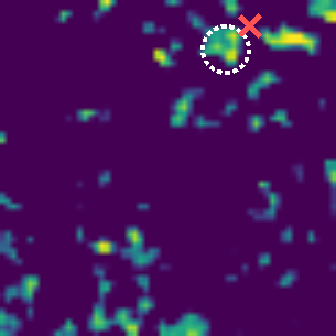 A map full of scattered specks, one isolated speck marked with a dashed circle and a red cross